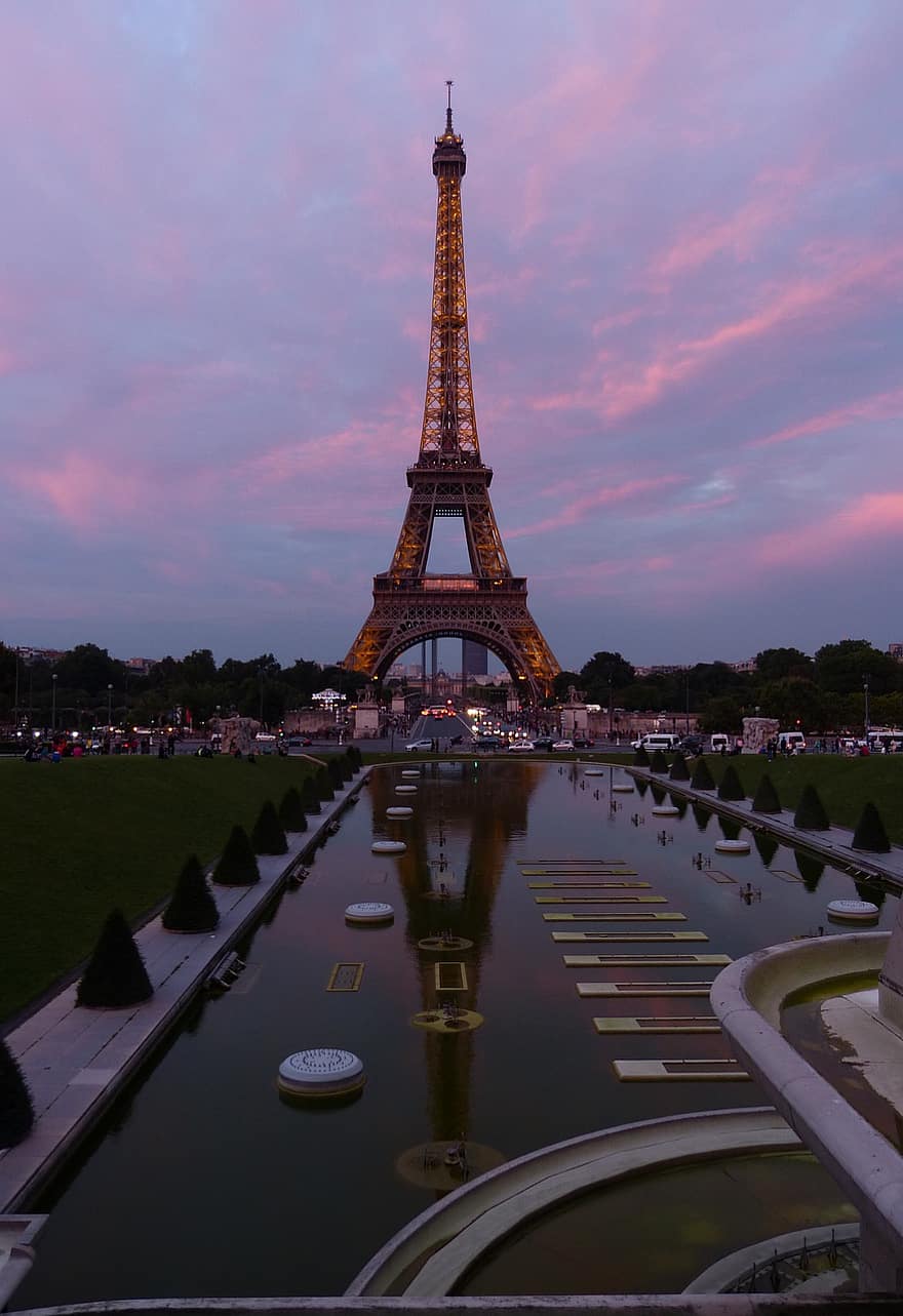 エッフェル塔、パリ、フランス、観光、建築、建物、ヨーロッパ、日没、夕暮れ、観光の名所、旅行