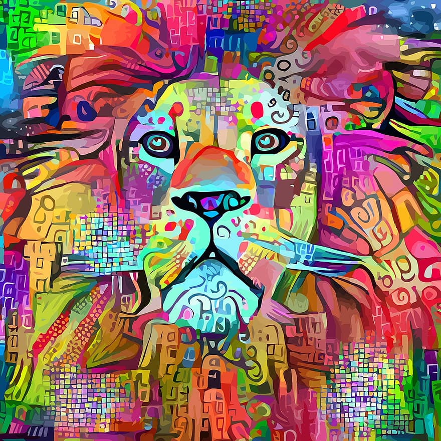 liūtas, veidas, impresionizmas, portretas, spalvinga, gyvūnas, žinduolių, didelė katė, laukinės gamtos, kačių, plėšrūnas