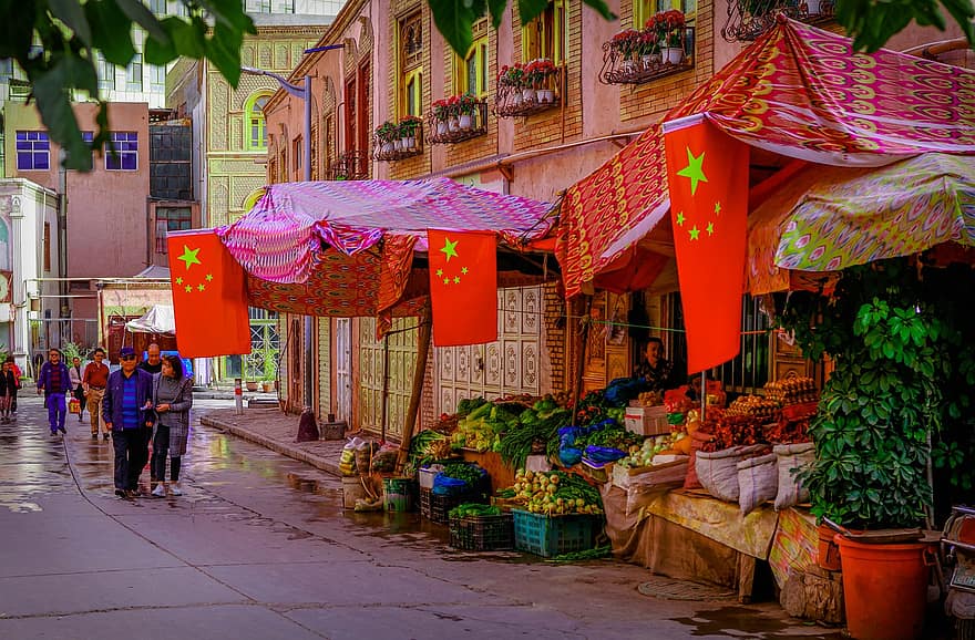 Straße, Markt, China, Flaggen, Gemüse, produzieren, Menschen, Chinesische Flaggen, draußen, alte Stadt, Gebäude