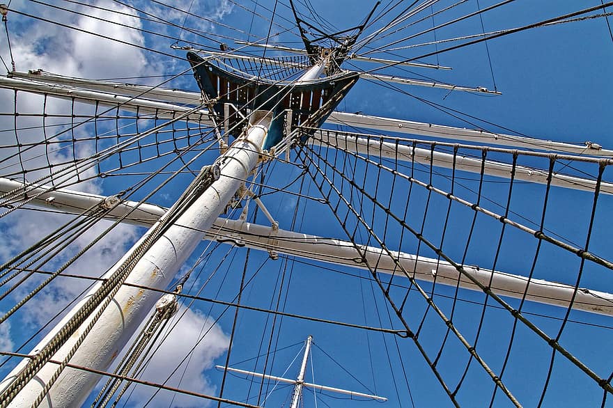 kötélzet, vitorláshajó, vitorlás hajó, hajó, történelmileg, régi, hajóállványok, árbocok, árboc, kék, vitorla