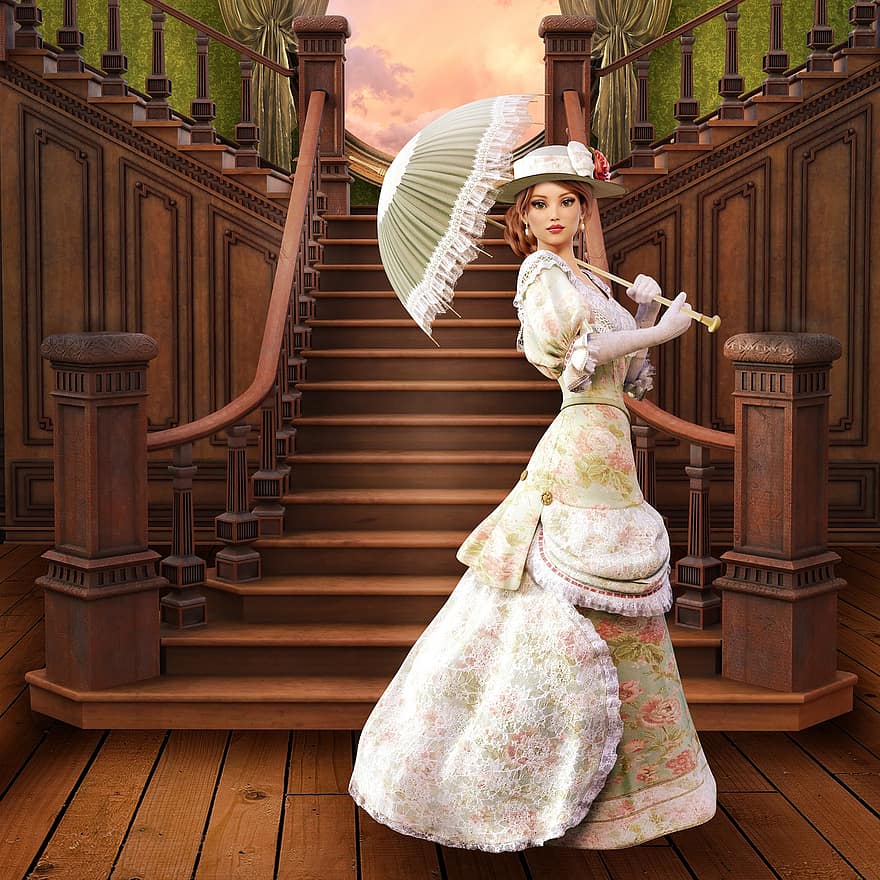 kvinna, lady, viktoriansk, elegant, trappa, interiör, skön, skönhet, flicka, kvinnor, klänning