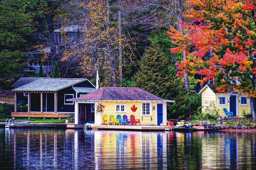 Cottage, autunno, le foglie, acqua, riflessi, tranquillo, calmo, rilassante, Muskoka