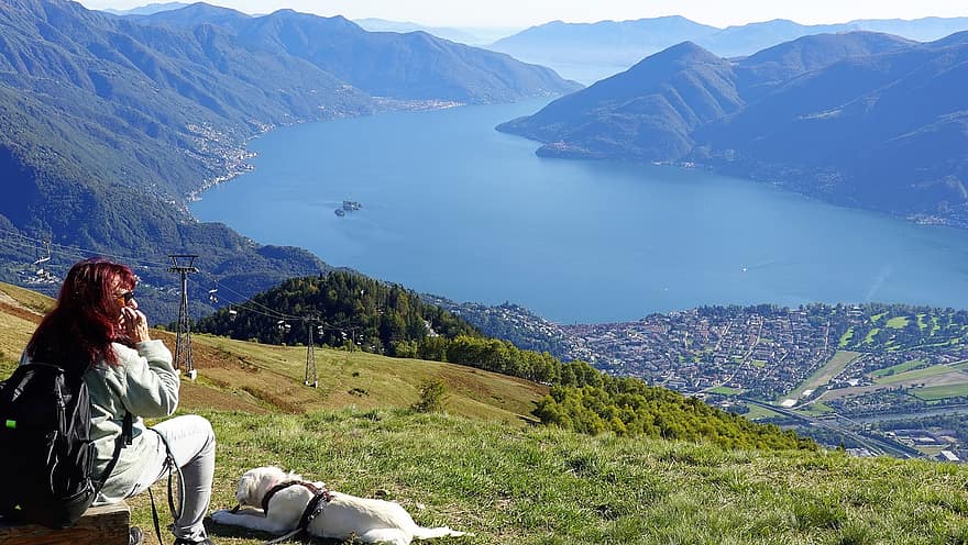 kvinde, vandretur, natur, rejse, eventyr, udendørs, fritid, sø, Ticino