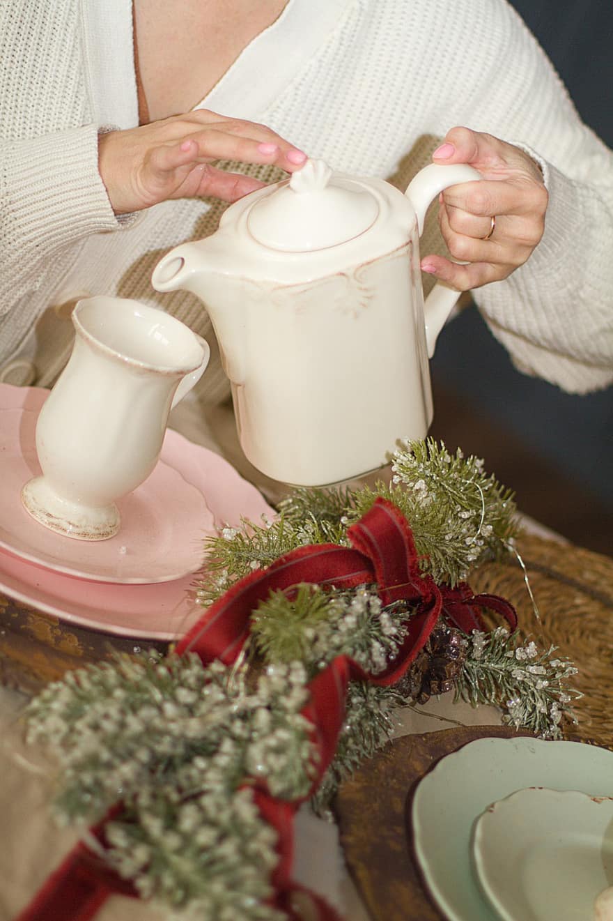 чашка, Різдво, сніданок, кавник, чайник, кава, жінки, пити, таблиця, дорослий, впритул