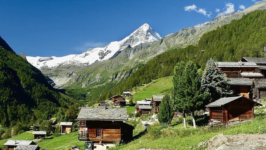 fjell, by, dal, fotturer, Sveits, hytte, pic, nål, sommer, snø, breen