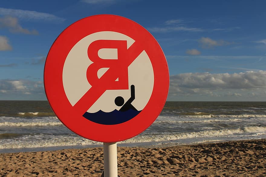 Ziemeļu jūra, peldēšanas aizliegums, ielas zīme, zīme, simbols, brīdinājuma zīme, aizliegts, smiltis, ceļazīme, zils, briesmas