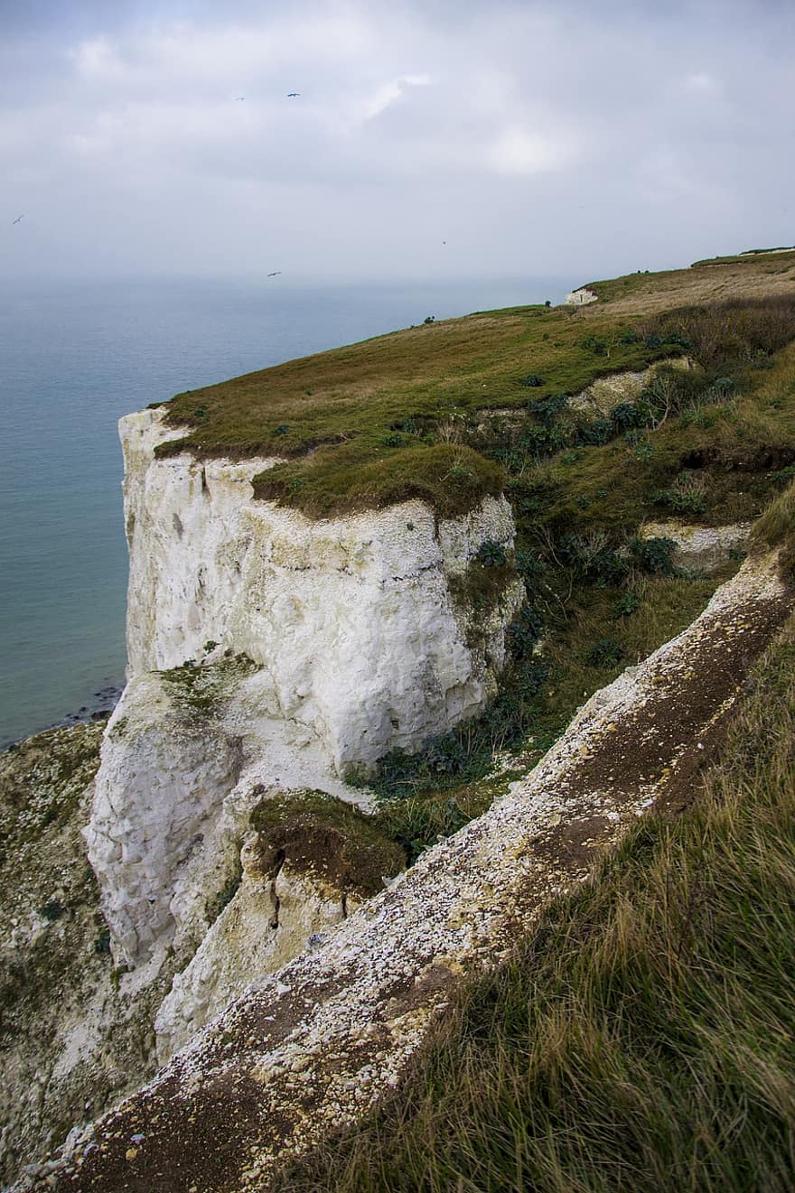 Cliffs, Sea, Ocean, Horizon, Sky, Clouds, Grass, Coast, Dover, England, Landscape