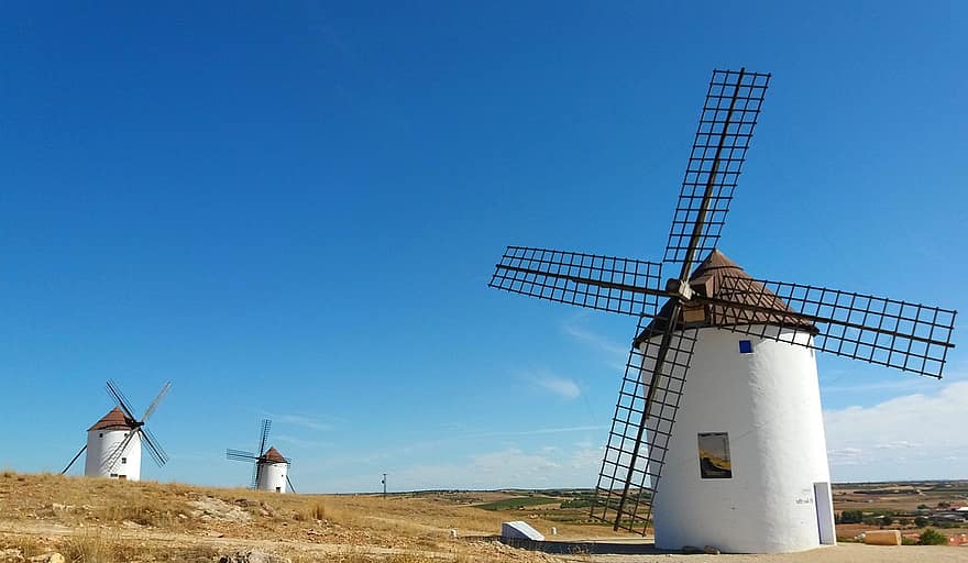 větrné mlýny, don quixote, cervantes, mezník, architektura, Kastilie la mancha, castilla la mancha, Španělsko