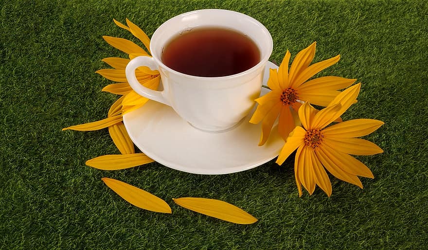 ชา, ถ้วย, หญ้า, ดอกไม้, อาติโช๊ค, ปาร์ตี้น้ำชา, ดื่ม, สีเขียว, สีเหลือง, ขาว, พื้นหลัง