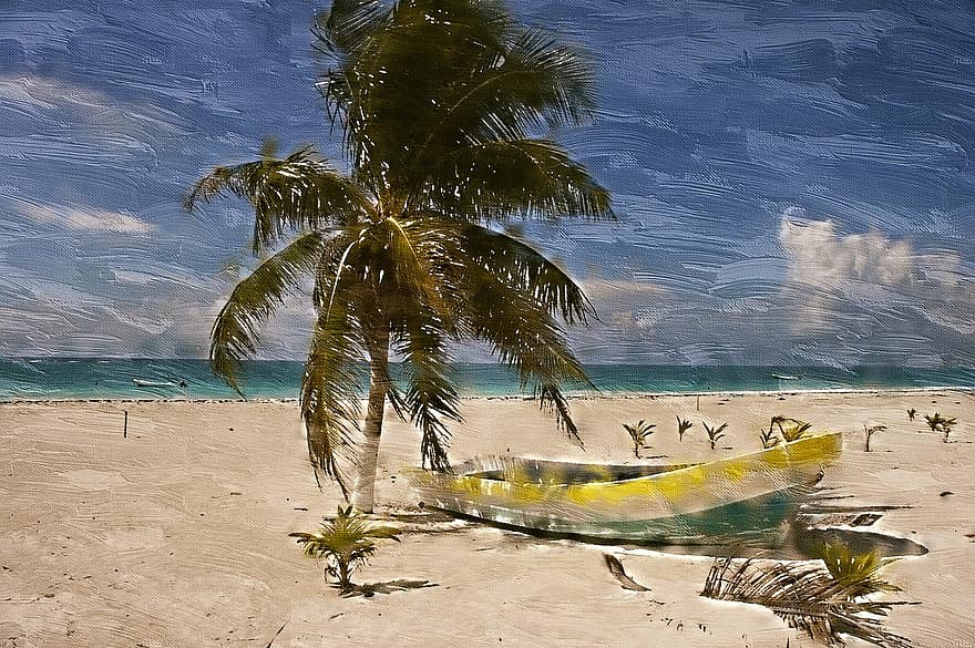platja, oceà, pintura, vora del mar, Costa, vacances, estiu, sorra, blau, clima tropical, línia de costa