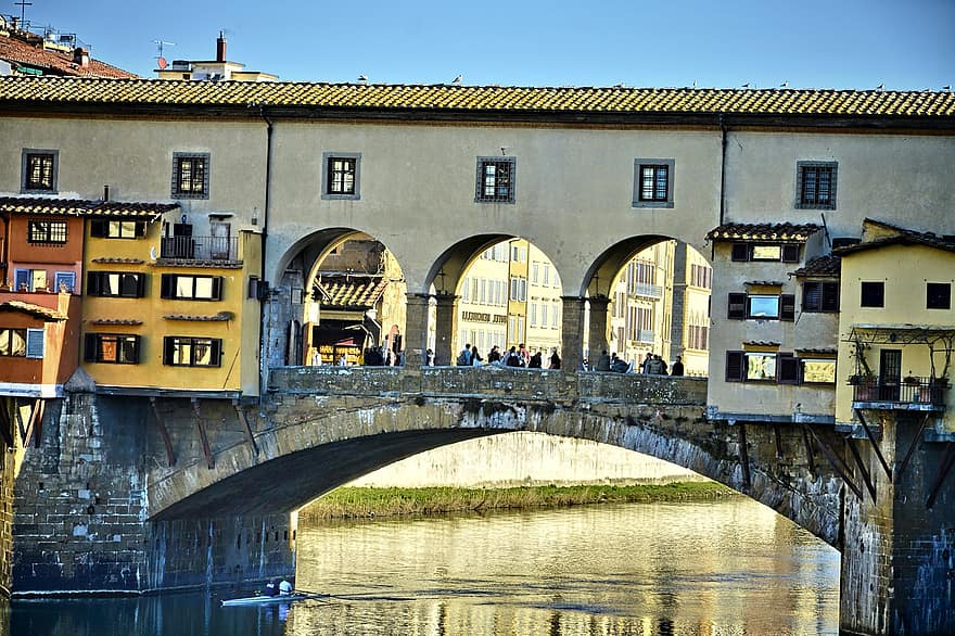 フィレンツェ、ブリッジ、建築、シティ、イタリア、ヨーロッパ、旅行、有名な場所、街並み、水、歴史