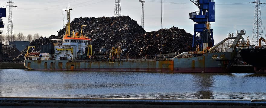 Garbage Scow, Soppråm, skrotupplag, industri, transport, nautiska fartyget, frakt, kommersiella brygga, industriellt fartyg, Frakt transport, kran