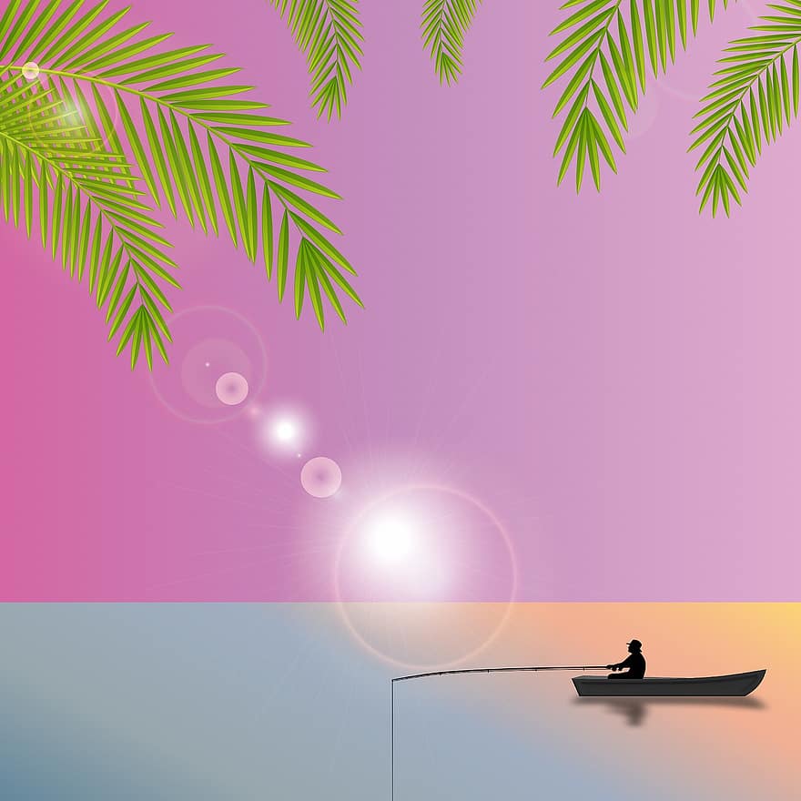 Digital Paper, Background, Pattern, Ocean, Sky, Fishing, Sun, Sea, Palm Trees, Landscape, Decorative