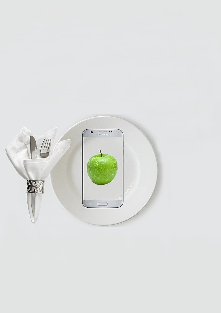kost, god hensigt, bestik, æble, kniv, gaffel, dække over, serviet, smartphone, grøn, Grønt glas æble
