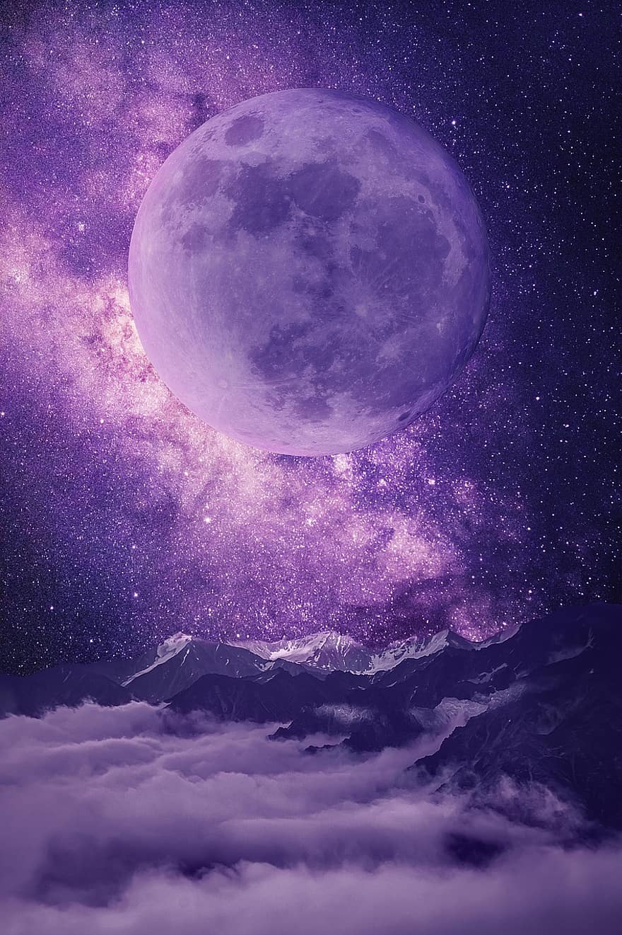 Луна, туман, пространство, вселенная, гора, звезды, галактика, фантастика, пурпурный, астрономия, атмосфера