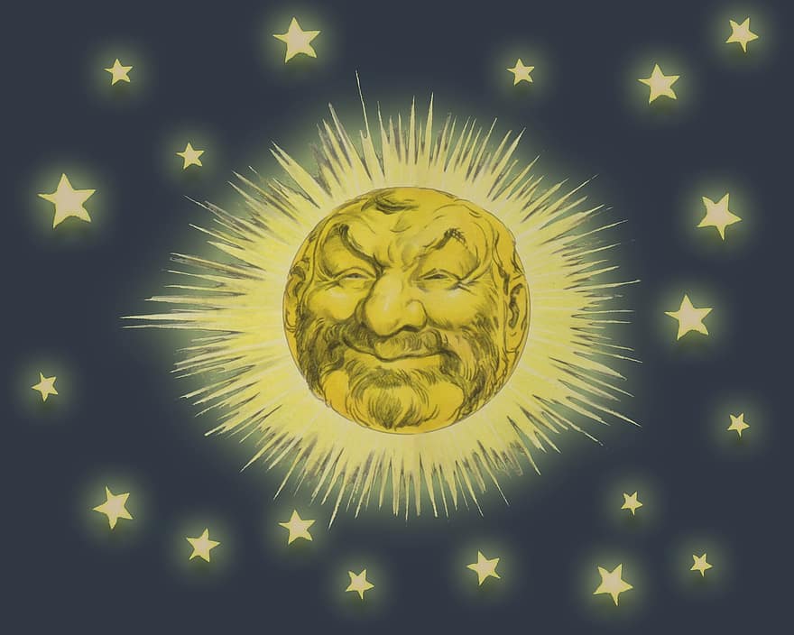 شمس ، القمر ، وجه ، النجوم ، خريطة الابراج ، الروحاني ، قمرية ، غريب