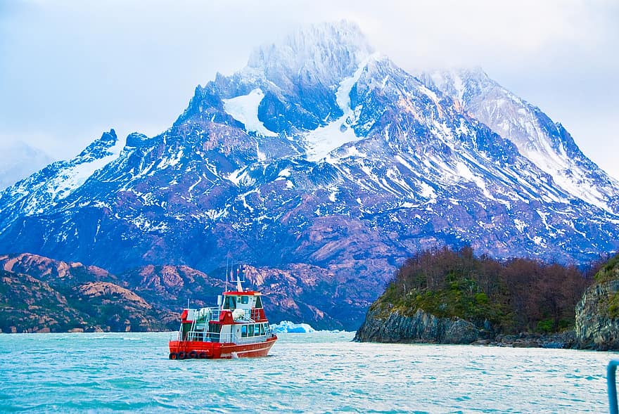 montañas, viaje, lago, naturaleza, al aire libre, Patagonia, nieve, bote, montaña, agua, barco náutico