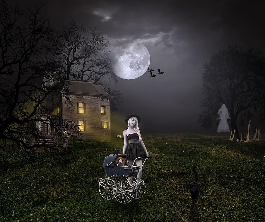 dia das Bruxas, fantasma, sepultura, cemitério, lua cheia, arte digital, carrinho de bebê, casa assombrada, mansão Mal Assombrada