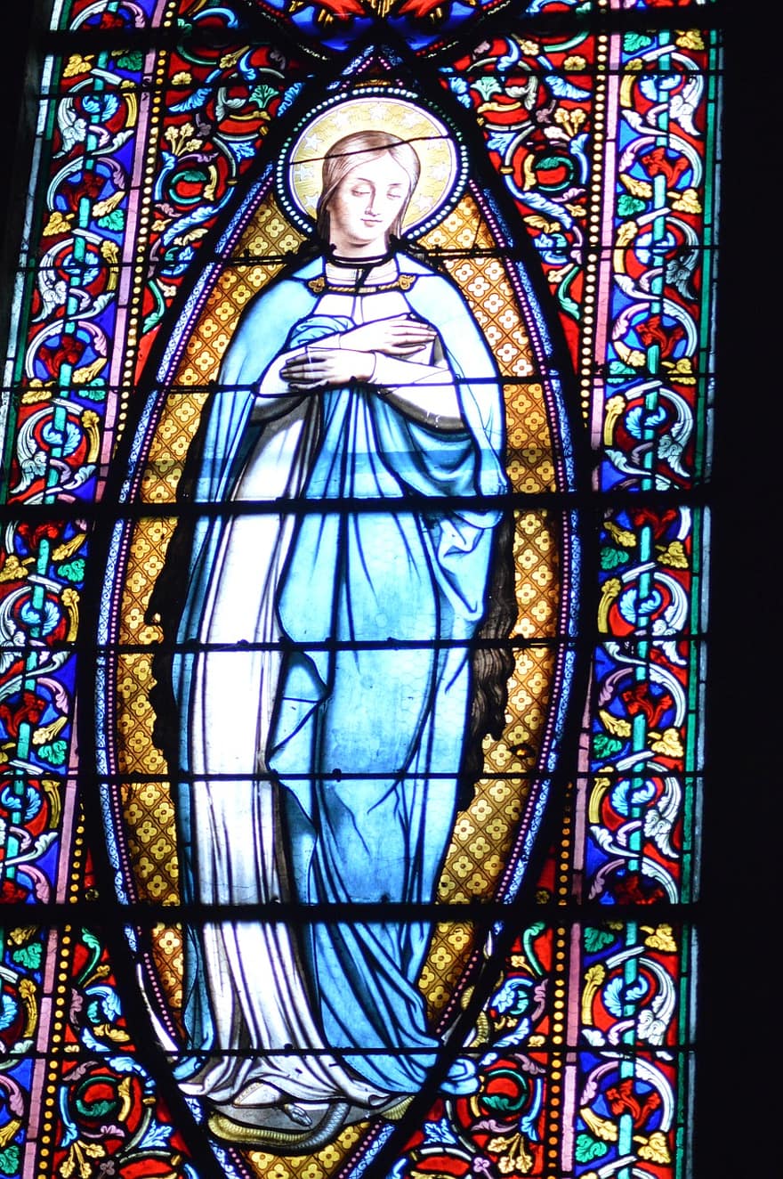 vitražas, Mergelė Marija, halo, moteris, rankas, krikščionybė, religija, architektūra, langas, dvasingumas, katolicizmas