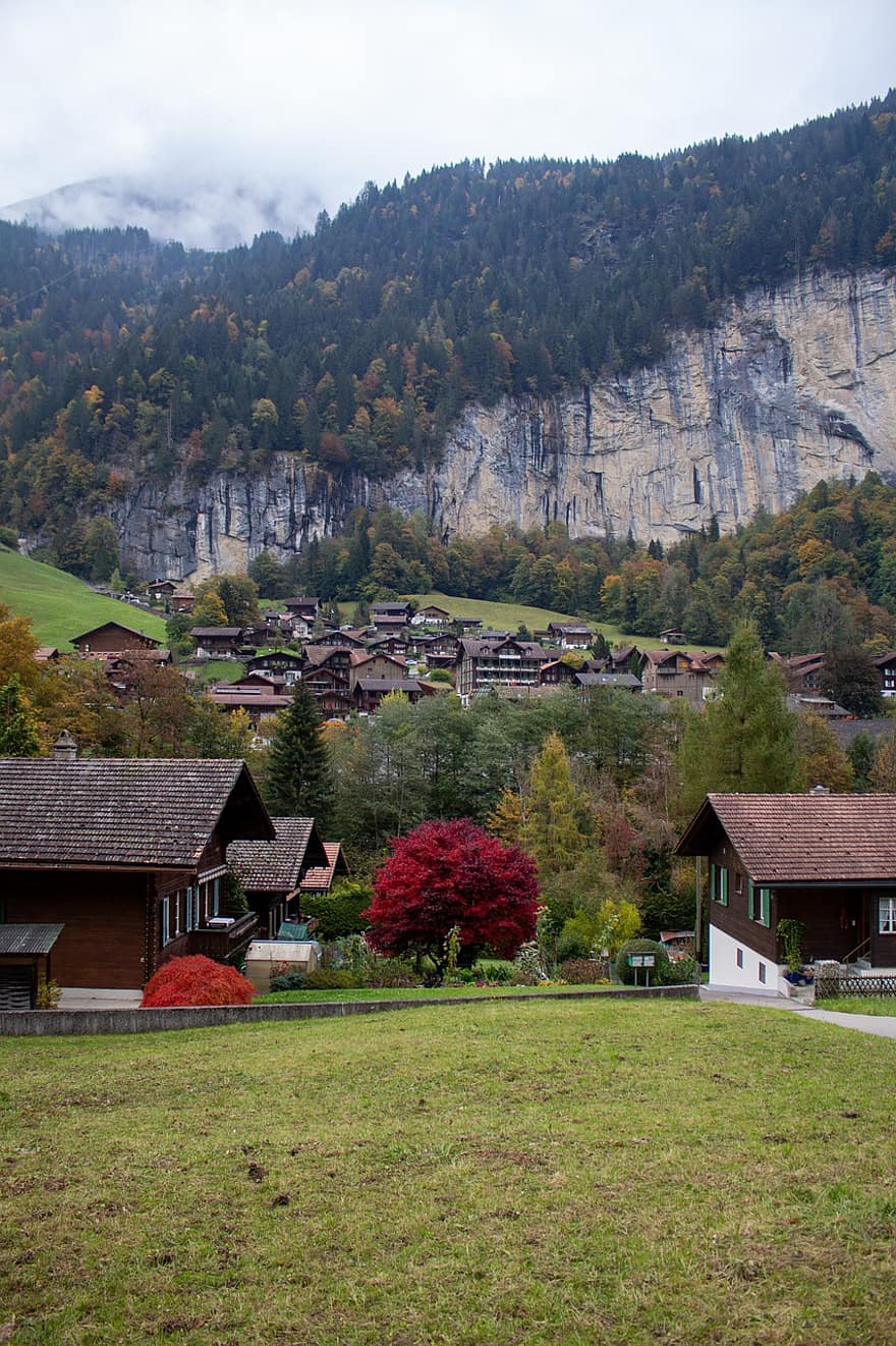 falu, hegyek, lauterbrunnen, rét, legelő, házak, völgy, Alpok, alpesi, hegység, vidéki táj