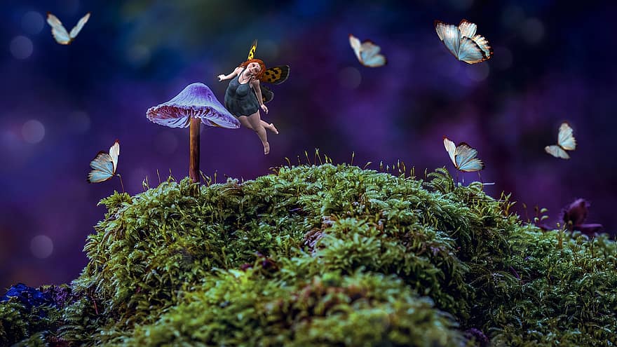 peri, jamur, fantasi, lumut, dongeng, mimpi, imajinasi, kupu-kupu, nyata, mistik, hutan
