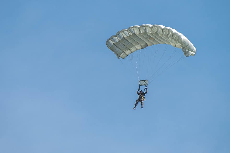 paratrooper, fallskärm, militär-, extrema sporter, män, flygande, sport, äventyr, risk, aktivitet, rörelse