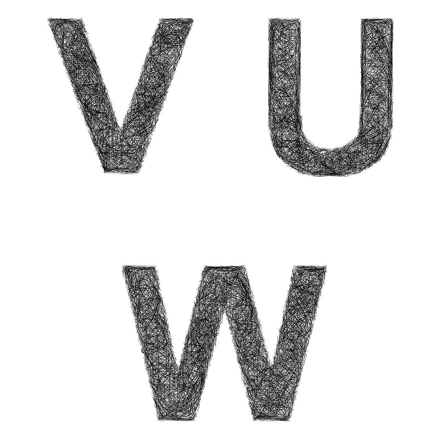 u, v, w, brev, font, skiss, alfabet, skylt, symbol, logotyp, typografi
