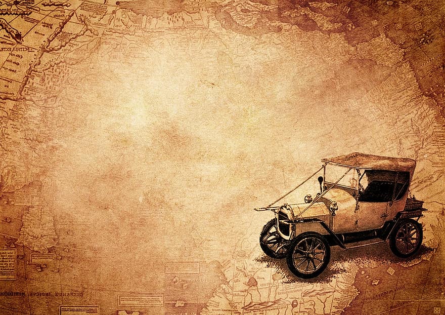 Old Timer, wereldkaart, steampunk, oud, tekening, reizen, wijnoogst, sjofele chic, auto, antiek, geschiedenis