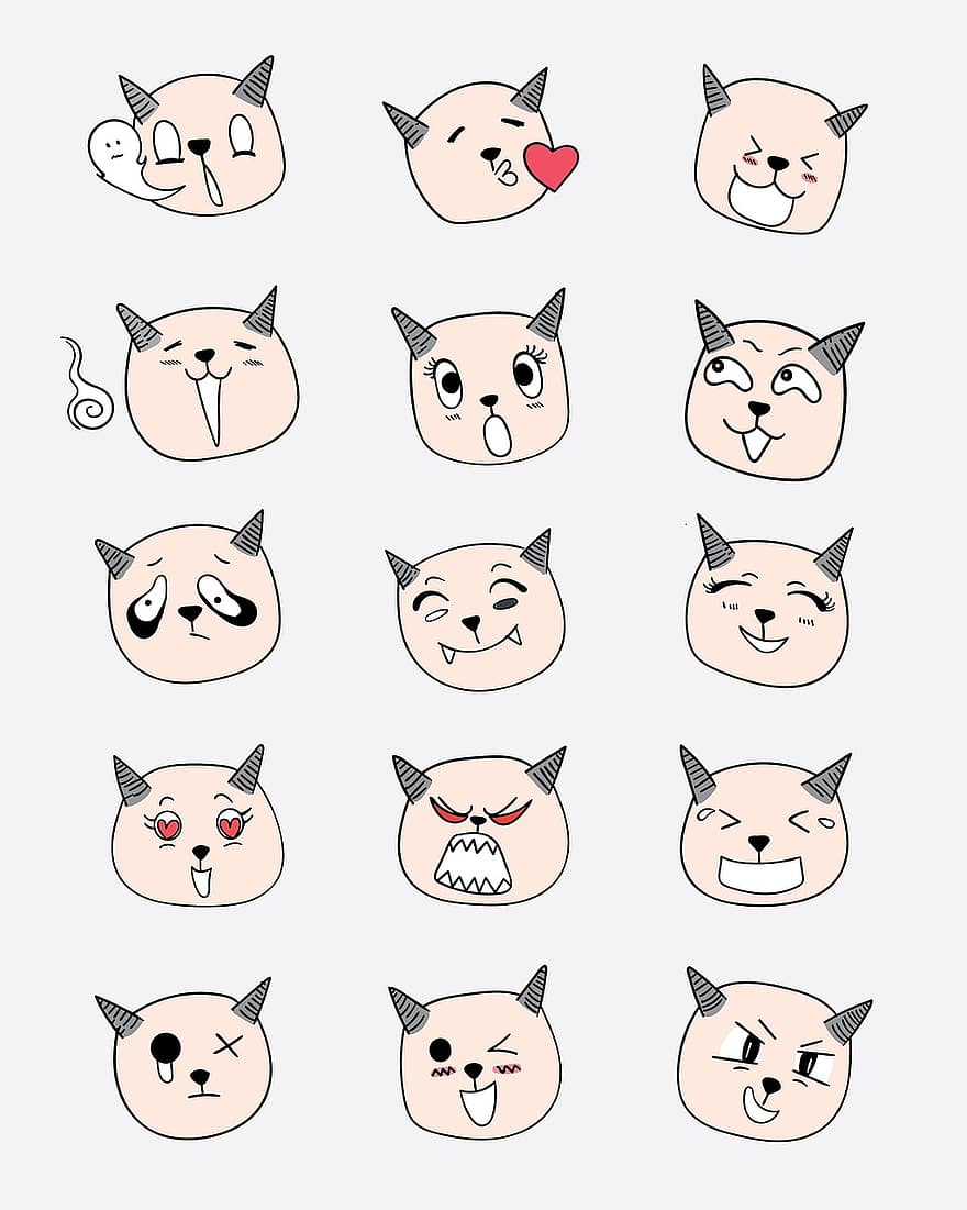 gato, emociones, icono, pegatina, conjunto, colección, gracioso, dibujos animados, linda, mascota, gatito