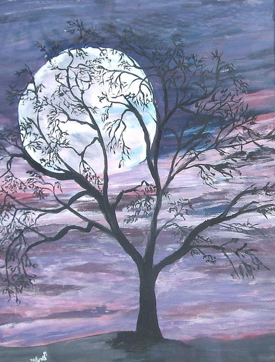 القمر ، البدر ، شجرة ، ليل ، لوحة ، صورة ، فن ، رسم ، اللون ، فنيا ، رسم صورة