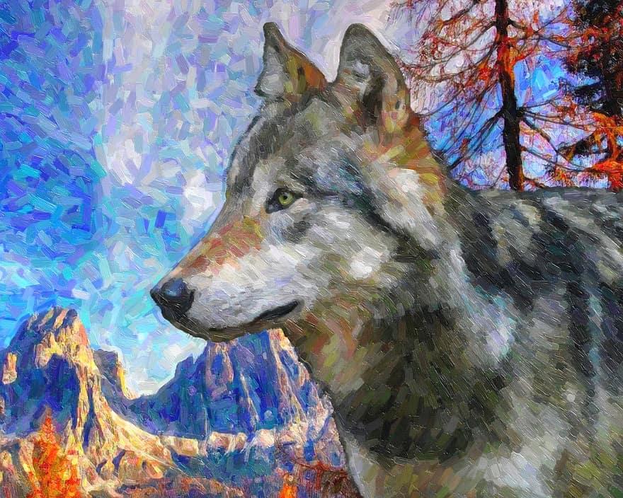chó sói, Thiên nhiên, núi, bức vẽ, hoang dã, nghệ thuật, thú vật, phong cảnh, lý lịch, cây, đồ họa