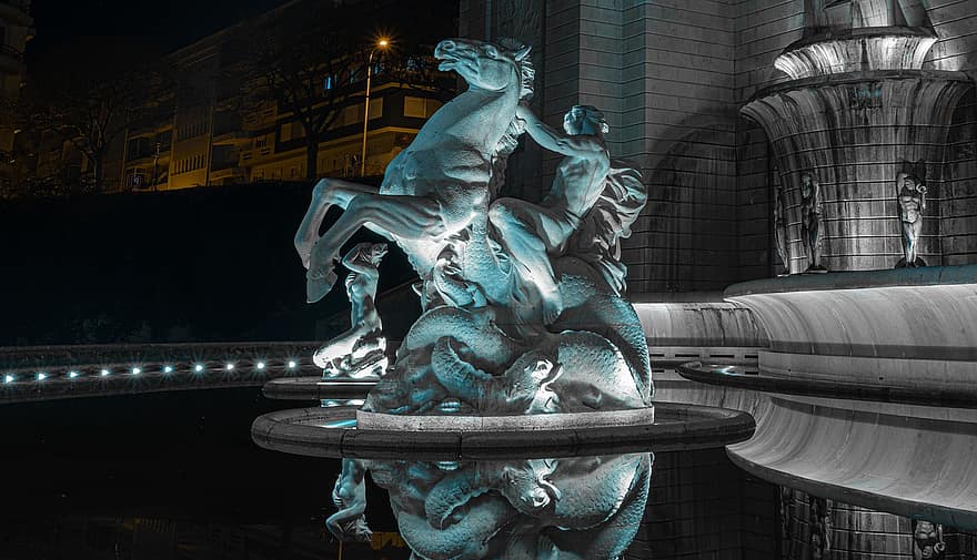 Statue, Kunst, Brunnen, Design, Dekoration, Lissabon, städtisch, berühmter Platz, Nacht-, die Architektur, Skulptur