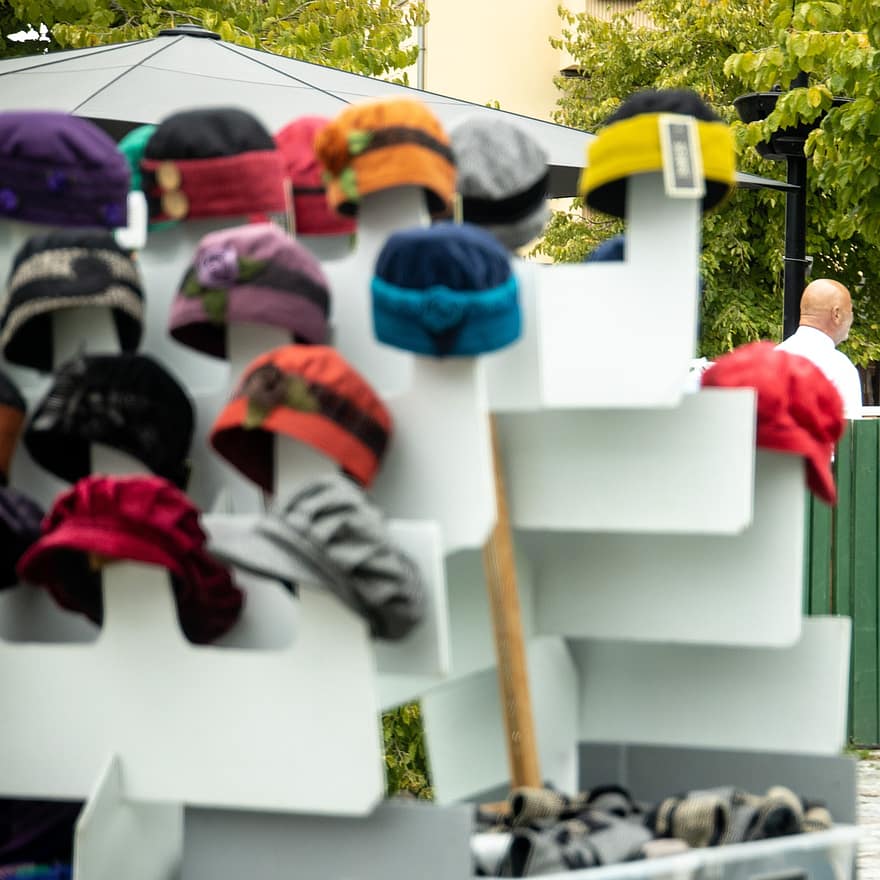hoeden, verzameling, stedelijk, stad, verkoop