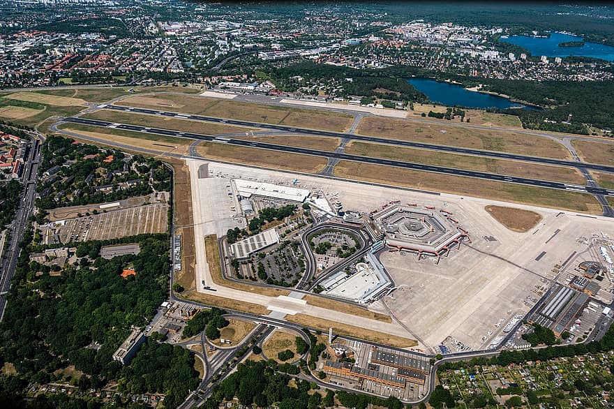 항공기, 활주로, 공항 터미널, 앞서서, 건축물, 비행, 항공 사진, 베를린, 독일, 경치, 베를린 테겔