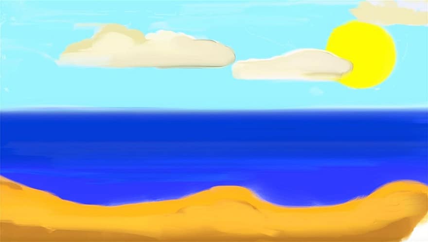 океан, солнечно, синий, небо, береговая линия, берег, путешествовать, отпуск, летом, солнце, пляж