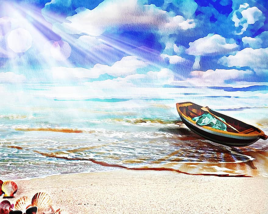 Beach, Boat, Watercolor, Seashells, Waves, Sand, Coast, Shore, Seashore, Sea, Ocean