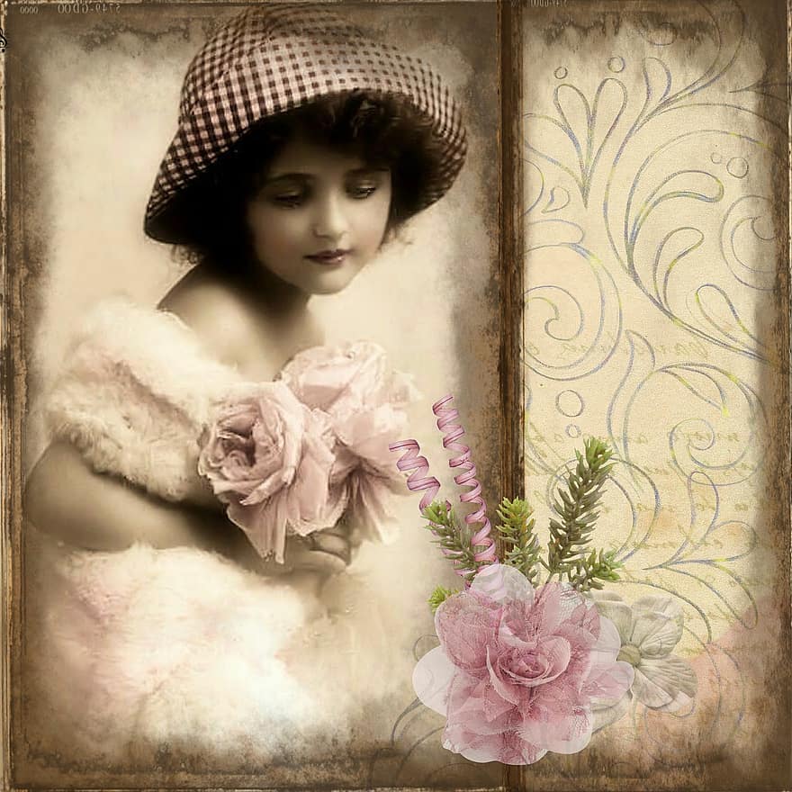 Vintage, Collage, Digital Art, Flapper, Girl, Little, Floral, Decorative, Poster, Hat, Sweet