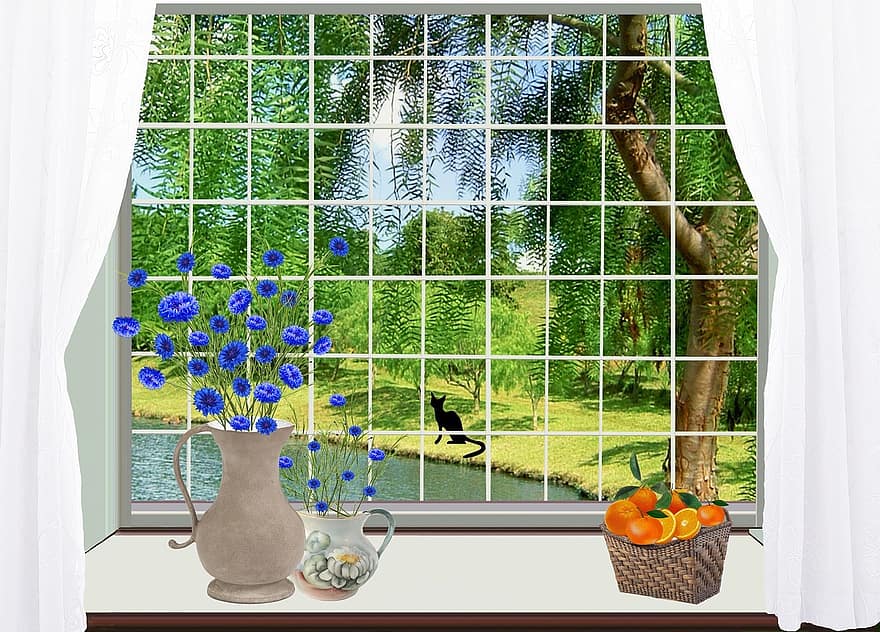 fönster, korg, svart katt, natur, blommor, citrus-, apelsiner, blåbär, vild, kastruller, vaser