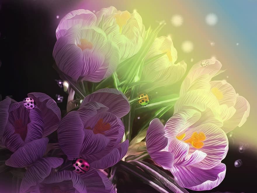 illustration, krokus, mariehøne, flor, fantasi, forår, lilla, kort, kontrast