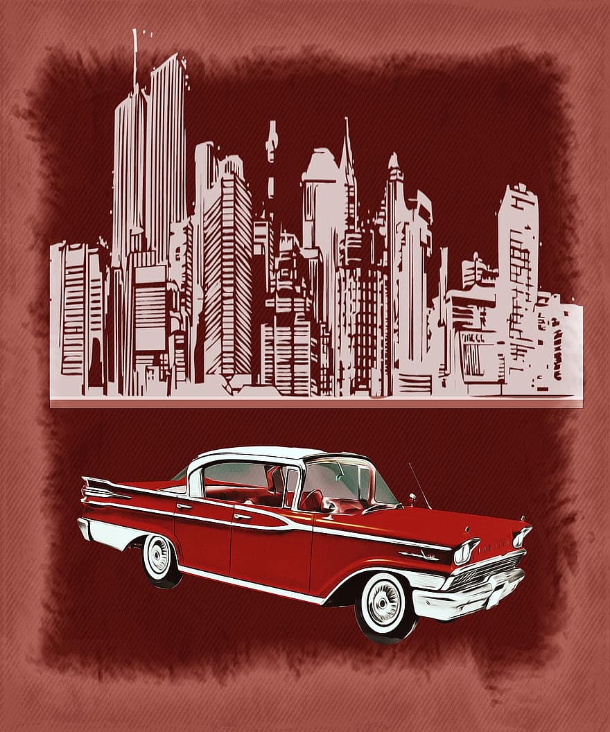 bil, antik bil, affisch, årgång, retro, klassisk, nyanser av rött, fordon, vykort, bakgrund, stadsbild