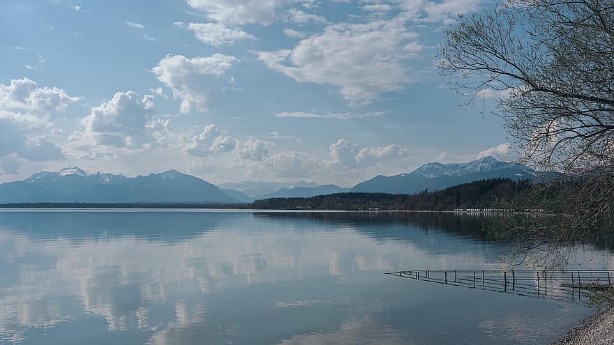 lago, montañas, cielo, nubes, paisaje, reflejo, reflexión, naturaleza, escénico, estado animico, silencio