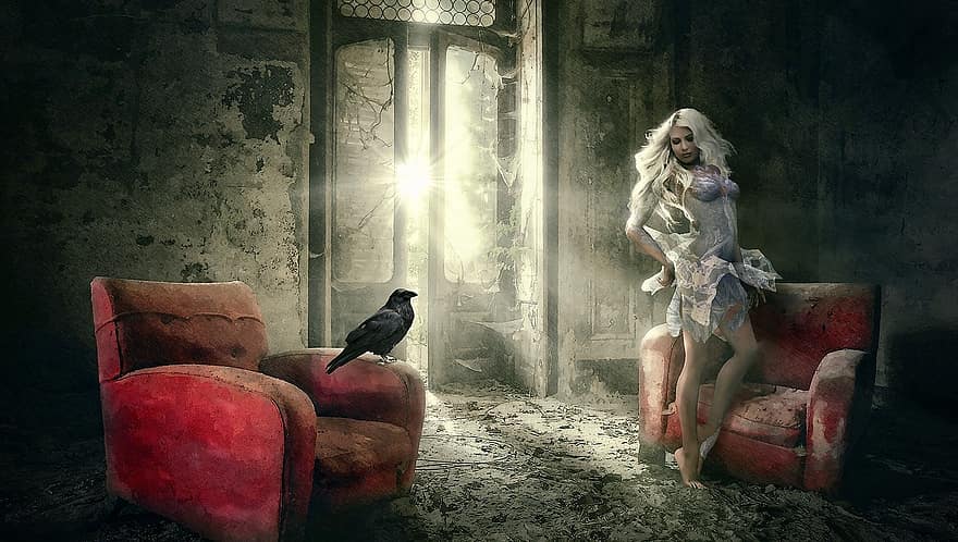 Fantazja, sala, krzesło, kobieta, wrona, okno, światło, schorowany, ciemny, mistyczny, uspokajający