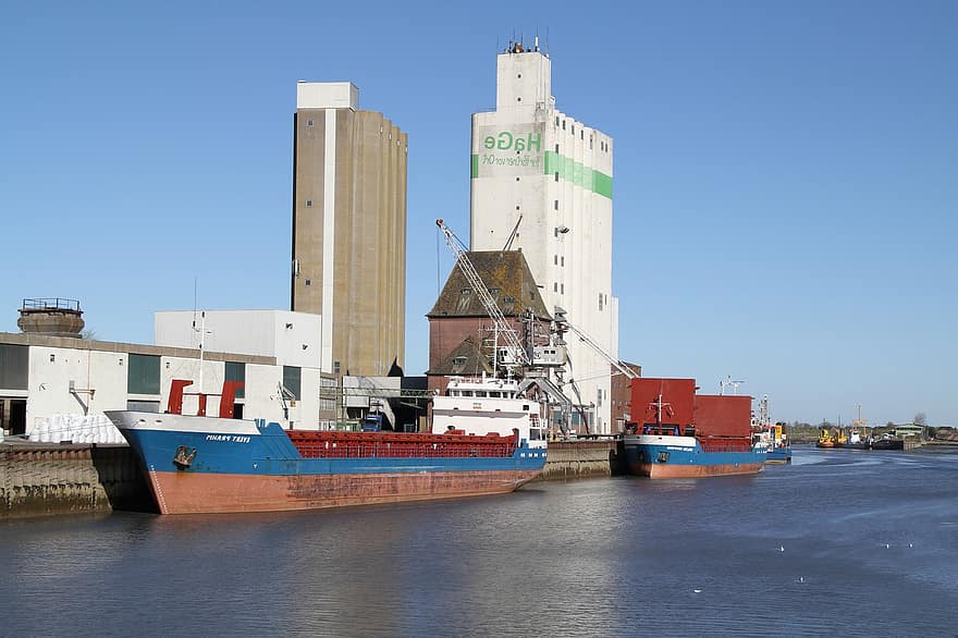 Port, Loading Dock, North Sea, Sea, Ship, Grain Silo, Silo