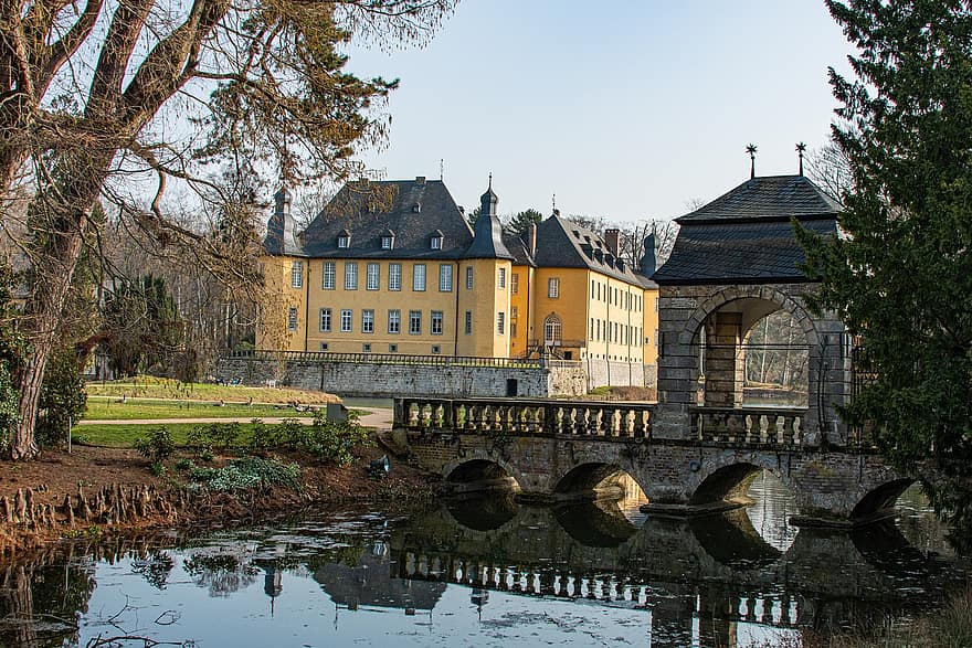 slot, bro, parkere, sø, historisk, arkitektur, natur, Wasserburg, voldgrav, afspejling, moated slot