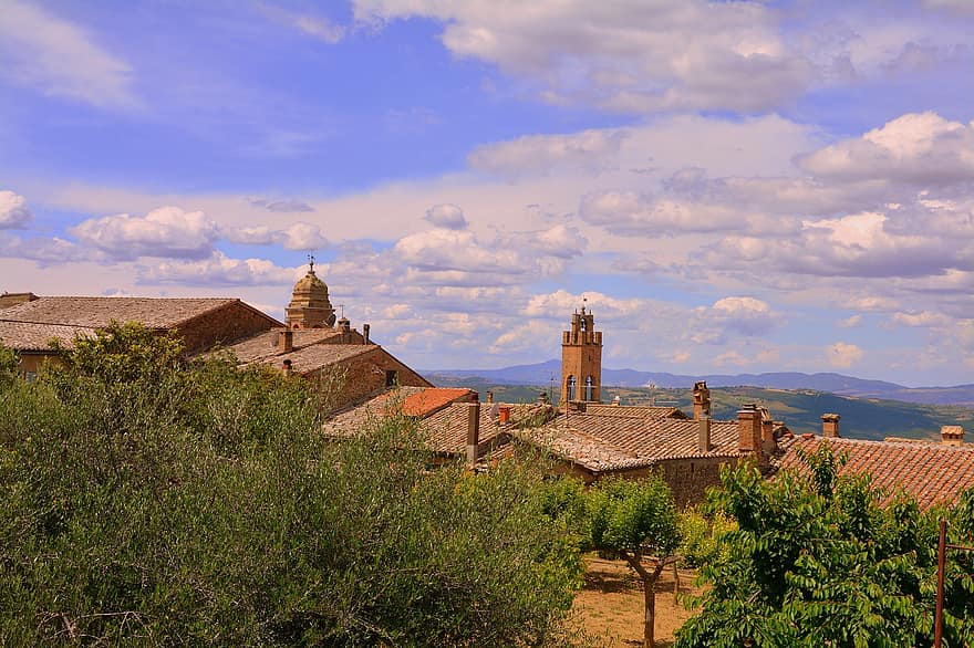 Landscape, Montalcino, Trees, Houses, Sky, Clouds, Tuscany