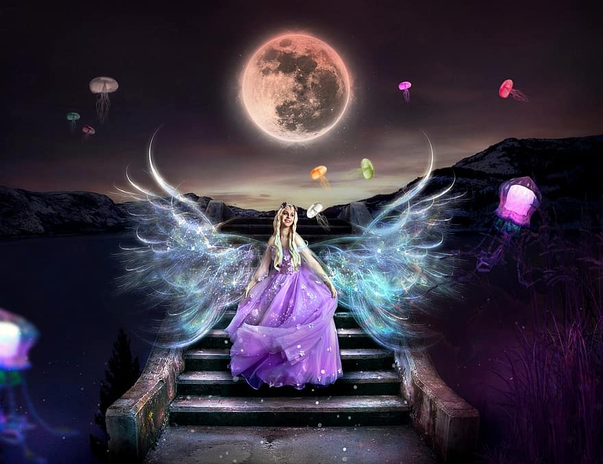принцесса, платье, крылья, лестница, Луна, медуза, сказка