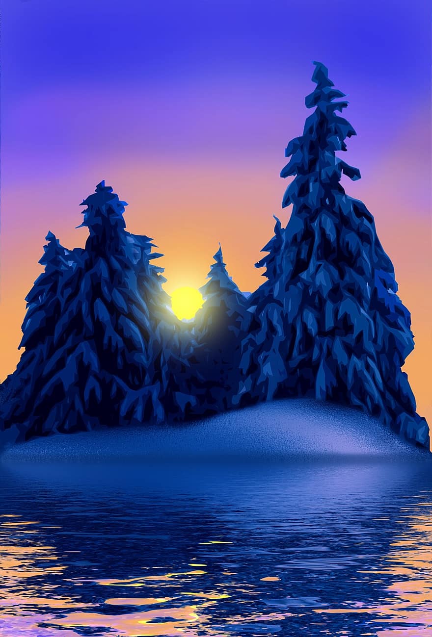 Illustration, Vector, Winter, Sunset, Design, Background, Nature, Figure, Graphics, Water, Sun