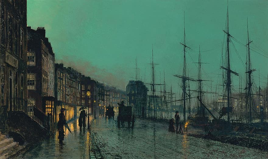 umění, umělecká díla, John Atkinson Grimshaw, 1881, Doprava na Clyde, Liverpool, malování, vinobraní, přímořská krajina, pobřeží, nábřeží