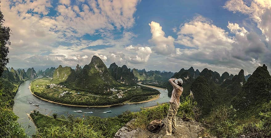 montañas, río li, Colina Xianggong, guilin, panorama, cielo azul, China, montaña, paisaje, pico de la montaña, agua