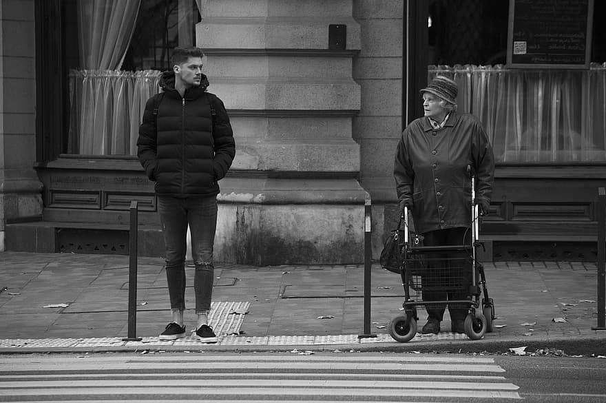 Man, Woman, Street, Monochrome, Senior, Old Woman, Pedestrian, People, Road, Outdoors, Crosswalk